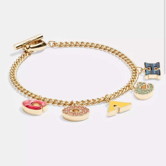 Pavé Coach Charm Bracelet Colorful letters Gold - Picture 1 of 4